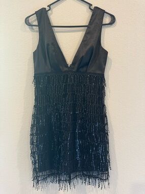 Lena Black Beaded Fringe V-Neck Mini Dress